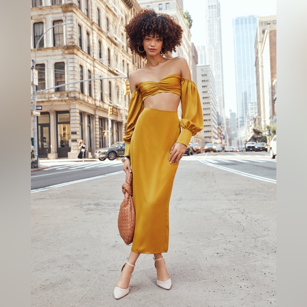 VICI Gold Satin Midi Skirt and Strapless Long Sleeve Crop SET Size S